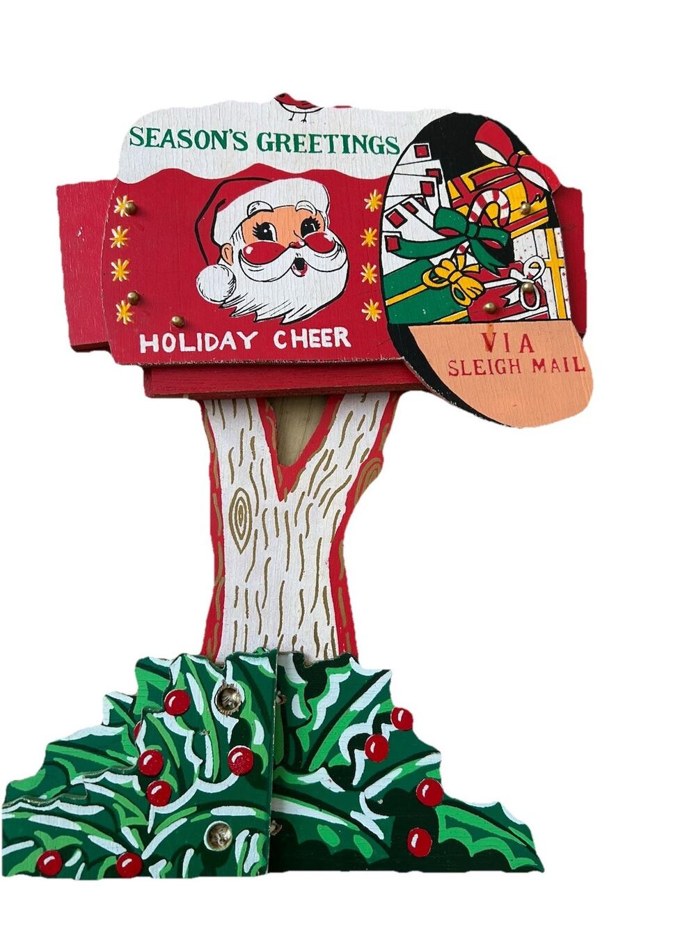Vintage 50s Santa’s Mailbox card holder Christmas decor Folding Wood 1950s Japan